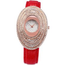 Carfenie Luxury Rose Gold Case Oval Lady Red Leather Crystal Analog Wrist CFE063