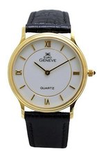 Euro Geneve 14K Gold Round Leather Band With White Dial