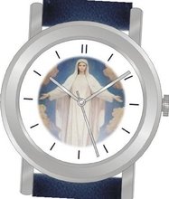 uInspirational Time "Virgin Mary" Is the Inspirational Image on the Dial of the Unisex Size Brushed Chrome Round Case with Navy Blue Leather Strap 
